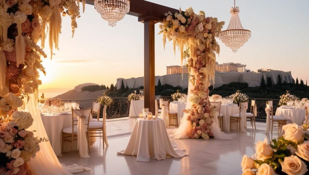 Wedding ceremony overlooking the Acropolis in Athens.